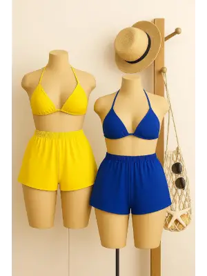 Kadın Sarı ve Mavi Şortlu Belden ve Boyundan Bağlamalı Bikini Takımı
