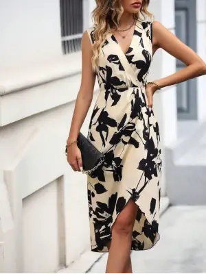 Kadın Sıfır Kol Kruvaze Yaka önden çapraz Kesim Detaylı Desenli Benorraho Süprem Elbise