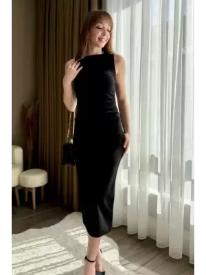 Kadın Sıfır Kol Sıfır Yaka Drape Detaylı Midi Janjan Krep Elbise