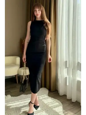 Kadın Sıfır Kol Sıfır Yaka Drape Detaylı Midi Janjan Krep Elbise