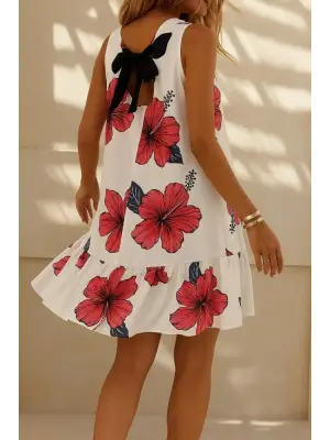 Kadın Sıfır Kol Sırttan Bağlamalı Fırfırlı çiçek Desenli Süprem Elbise