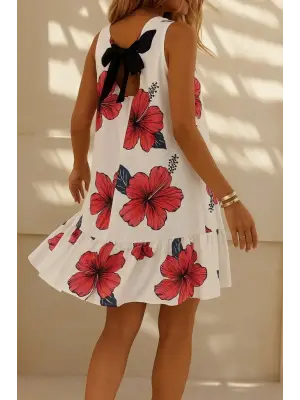 Kadın Sıfır Kol Sırttan Bağlamalı Fırfırlı çiçek Desenli Süprem Elbise