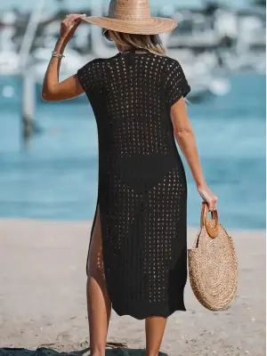 Omarı V Yaka Derin Yırtmaçlı Midi Boy Triko Elbise