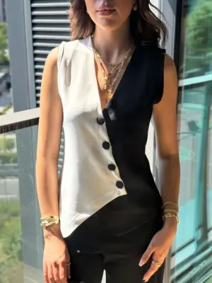 Kadın Sıfır Kol V Yakalı Düğmeli Blok Renkli Atlas Yelek