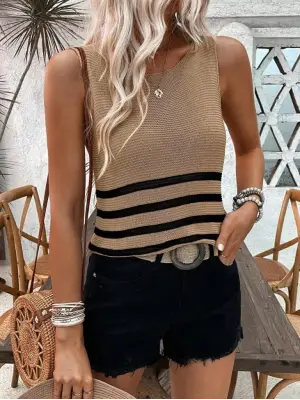 Kadın Sıfır Kol Yuvarlak Yaka Şerit Detay Triko Bluz Kadın Giyim