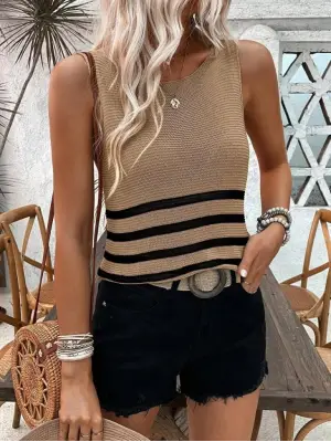 Kadın Sıfır Kol Yuvarlak Yaka şerit Detay Triko Bluz