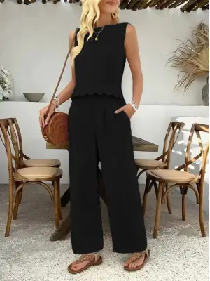 Kadın Sıfır Kollu Bisiklet Yaka Arkadan Bağlamalı Aer8bin Bluz Ve Pantolon Ikili Takım