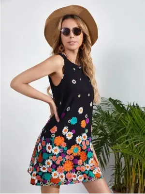 Omarı Çiçek Desenli Sıfır Kollu Mini Elbise