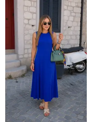 Kadın Sıfır Kollu Bisiklet Yaka Viskon Elbise