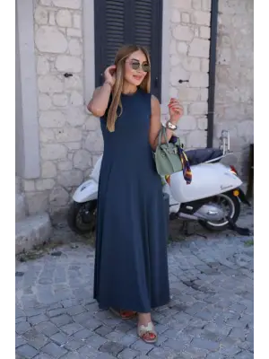 Kadın Sıfır Kollu Bisiklet Yaka Viskon Elbise