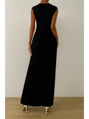 Kadın Sıfır Kollu Bisiklet Yaka Yandan Büzgü Detaylı Viskon Elbise