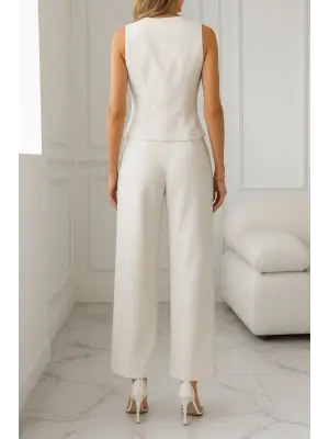 Kadın Sıfır Kollu çapraz V Yakalı önden Düğmeli Atlas Yelek Ve Pantolon Ikili Takım