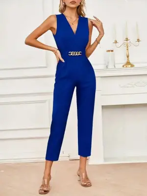 Kadın Sıfır Kollu Kruvaze Detaylı Krep Tulum Kadın Giyim