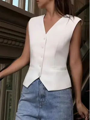 Kadın Sıfır Kollu Önden Düğmeli Atlas Yelek Kadın Giyim