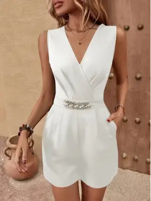 Omarı Şık Kadın V Yakalı Cep Detaylı Krep Tulum