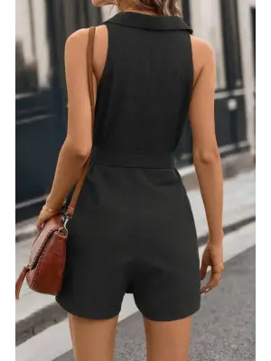 Kadın Sıfır Kollu Yakalı Düğmeli Belden Kuşaklı Kısa Keten Tulum