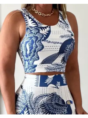 Kadın Sıfır Kollu Yuvarlak Yaka çiçekli Desenli Süprem Crop Ve Yırtmaçlı Etek Ikili Takım