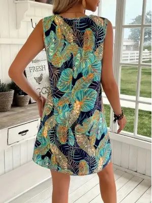 Kadın Sıfır Kollu Yuvarlak Yaka Desenli Süprem Elbise