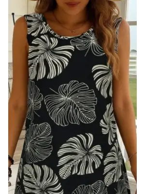 Kadın Sıfır Kollu Yuvarlak Yaka Desenli Süprem Elbise