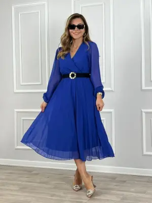 Şifon Astalı Kloş Kesim Kruvaze Midi Elbise