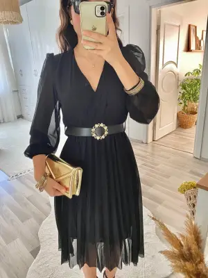 Kadın Kruvaze Yaka Midi Boy Kloş Elbise