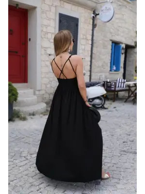 Kadın Sırttan çapraz Bağcıklı Yırtmaçlı Cepli Viskon Elbise