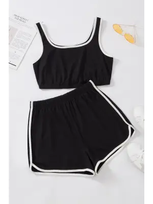 Omarı Siyah Askılı Crop Top ve Şortlu Gecelik Takım