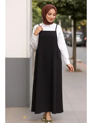 Kadın Siyah Basic Ayarlanabilir Askılı Jile Elbise