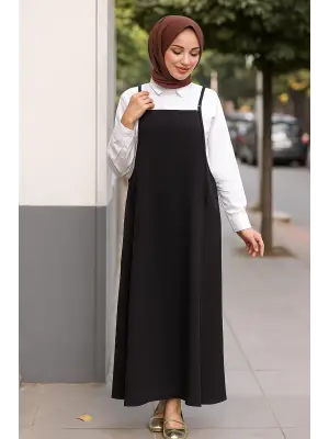 Kadın Siyah Basic Ayarlanabilir Askılı Jile Elbise