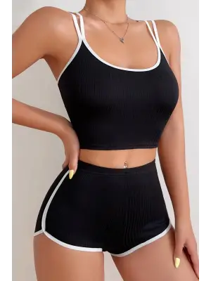 Omarı Çapraz Lastik Detaylı Kadın Siyah Beyaz Gecelik Takımı