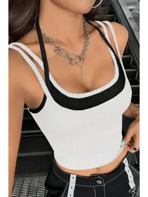 Omarı Çift Renk Çapraz Askılı Crop Top Bluz