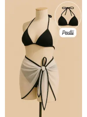 Omarı Şık Bağlamalı Siyah Beyaz Bikini Seti