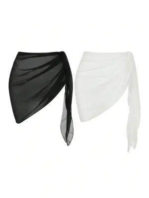 Omarı Siyah Beyaz Transparan Belden Bağlamalı Pareo Seti