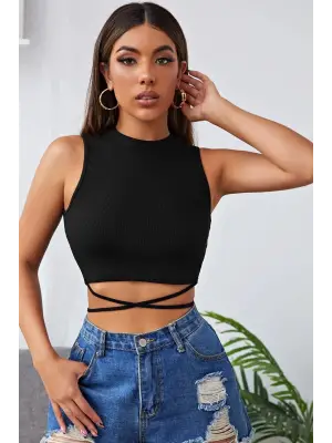 Omarı Siyah Çapraz Bağlamalı Crop Top