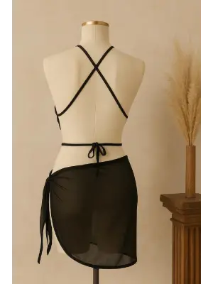 Omarı Şık Siyah Çapraz Bağlamalı Kadın Crop ve Pareo Seti