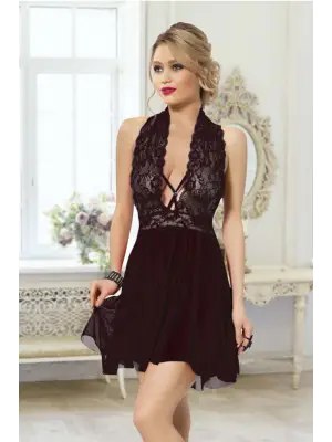 Omarı Siyah Çapraz Bağlı Tül Dantel Gecelik