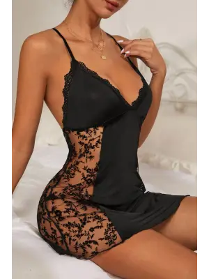 Kadın Siyah Çapraz Sırt Dekolteli Transparan Dantel Gecelik