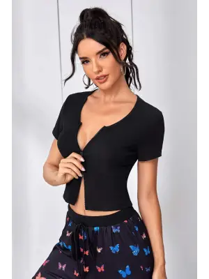 Omarı Siyah Çift Fermuarlı Yarım Kol Crop Top Bluz