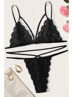 Omarı Siyah Dantel Kadın İç Çamaşır Seti