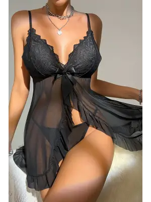 Omarı Şık Siyah Tül Detaylı Kadın Gecelik Takımı