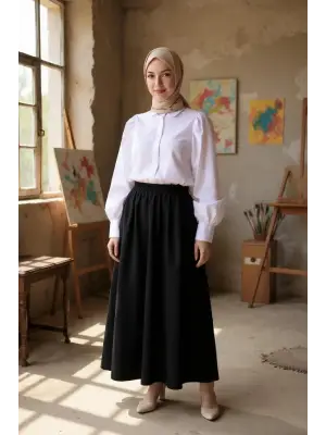 Kadın Siyah Double Kumaş Beli Lastikli Cepli Etek