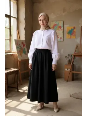 Kadın Siyah Double Kumaş Beli Lastikli Cepli Etek