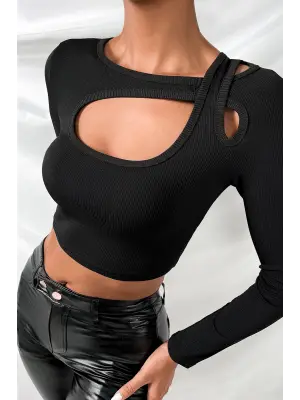Omarı Siyah Göğüs Dekolteli Çapraz Askılı Crop Top Bluz