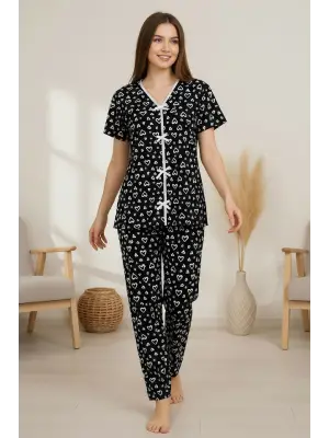 Kadın Siyah Kalp Desenli Fiyonklu Kısa Kollu Uzun Pijama Takımı