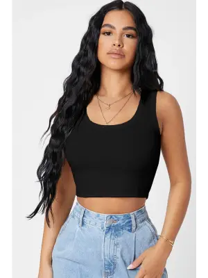 Kadın Siyah Kare Yaka Crop Top Bluz
