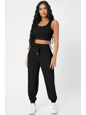 Kadın Siyah Kaşkorse Cepli Jogger Eşofman Altı ve Crop Top Bluz