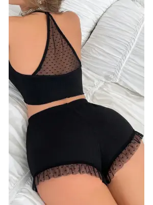 Omarı Kadın Siyah Puantiyeli Kaşkorse Gecelik Takım