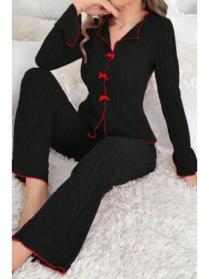 Kadın Siyah Kırmızı Biyeli ve Fiyonklu Uzun Kollu Mevsimlik Pijama Takımı
