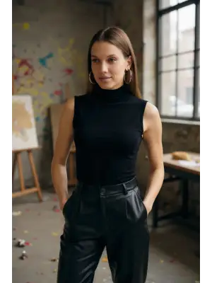 Kadın Siyah Kolsuz Balıkçı Yaka Basic Bluz