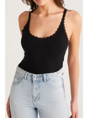 Kadın Siyah Normal Kalıp Dantel Detalı Ince Askılı Oyuk Yaka Atlet